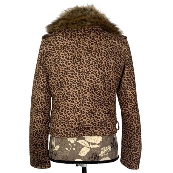 BELLIVERA Leopard Print Moto Jacket Faux Fur Collar Zip Detachable Collar Size S - Picture 2 of 8